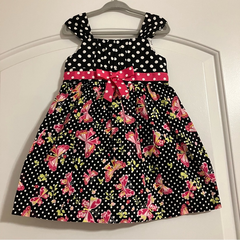 Jessica Ann Girl’s Sleeveless Black White polka dot dress pink butterfly‎ Sz 3T